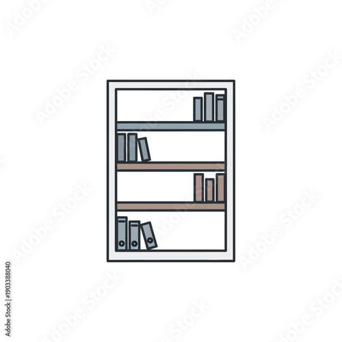 Simple linear graphic depicting a contemporary bookshelf stocked with books, representing education, literary collections, and intellectual growth in a modern style