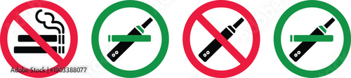 Smoking and vaping policy icons with prohibition and permission symbols in red and green circles, health and regulation graphics for signage and public space design