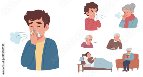 Flat vector illustration set of people of different ages suffering from colds and flu in a calm, modern cartoon style.