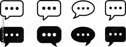 Speech bubble icons with three dots in outline and solid styles, rectangular and oval shapes, messaging and communication symbols for chat, dialogue, and digital design