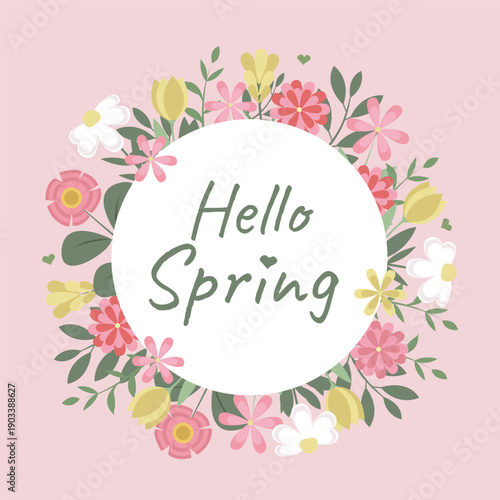 Spring floral wreath illustration with pastel flowers and hand lettering on a soft pink background.  Vector floral frame for Mother's Day, spring holiday with tulips and chamomile.