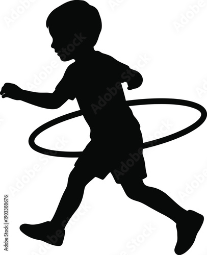Boy Child Playing with Hula Hoop Silhouette Vector 