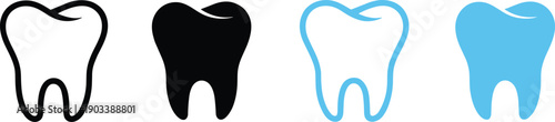 Stylized tooth icons in black outline, solid black, light blue outline, and solid blue versions, dental health illustration for logos, education, and medical graphics