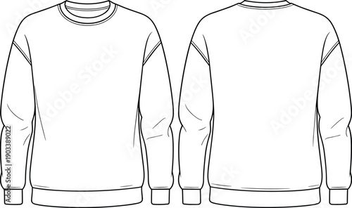 Technical flat sketch of crewneck sweatshirt front and back view with ribbed cuffs, neckline, and hem, fashion design template for apparel manufacturing illustration
