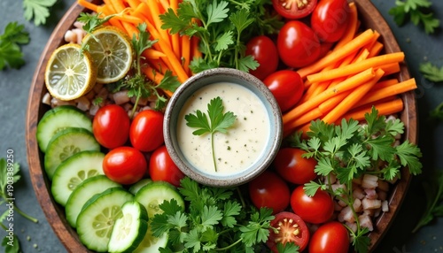 Assortment of raw vegetables and dip arranged on round tray. Fresh sliced cucumbers, cherry tomatoes, julienned carrots, lemon wedges and parsley garnish salad.
