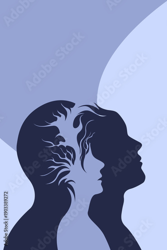 Abstract silhouette of man and woman profiles with inner child, surreal tree brain, thoughts memories overthinking, mental health psychology minimalist illustration