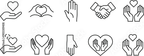 Love and care icons set, hands holding heart, support, charity, kindness, trust, compassion, relationship, healthcare line vector illustration
