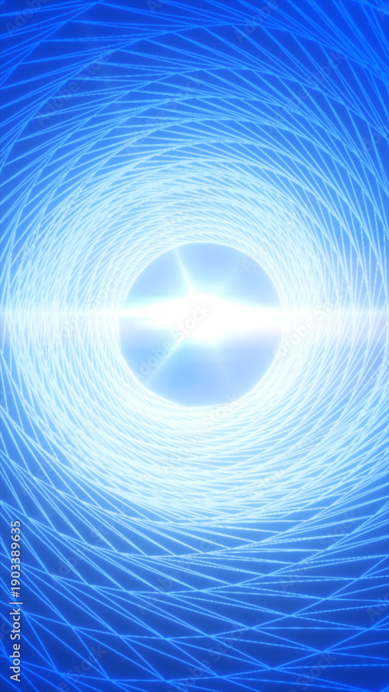 Fototapeta premium Blue and cyan swirling vortex spiral with luminous center, abstract motion tunnel background