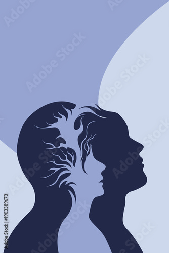 Abstract silhouette of man and woman profiles with inner child, surreal tree brain, thoughts memories overthinking, mental health psychology minimalist illustration