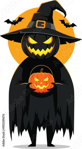 Halloween scarecrow with pumpkin cartoon vector illustration