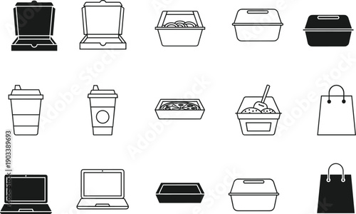Takeaway food packaging line icon set, delivery containers, coffee cups, shopping bags and laptop symbols, fast food and ecommerce outline vector
