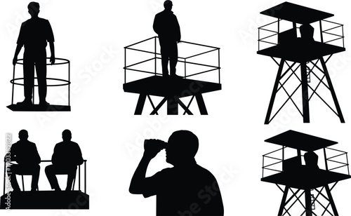 Observation tower silhouettes illustration with platforms, railings, binoculars, human figures, black and white artwork, surveillance, lookout, monitoring design
