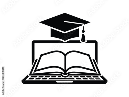 Laptop with an open book and graduation cap, symbolizing online education and academic achievement