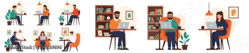 Flat vector illustration set of people working on laptops in cafés and home-office settings in a cozy modern cartoon style.