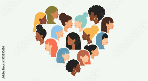 Celebrating International Women's Day with diverse faces together in a heart shape