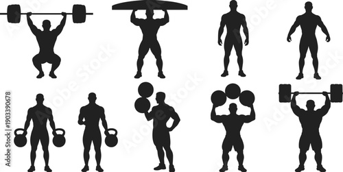 Weightlifting silhouettes illustration with muscular individuals, strength training poses, kettlebells, barbells, fitness artwork, black and white design concept