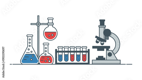 Chemistry Laboratory Setup with glass flasks, test tubes, beakers, microscope, scientific research equipment, experiment and analysis concept.