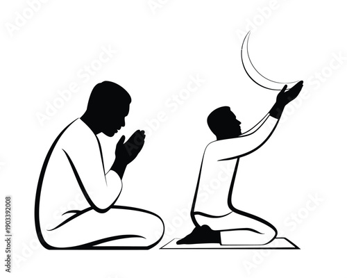Two men in prayer, one pointing to the crescent moon in a simple black and white illustration.