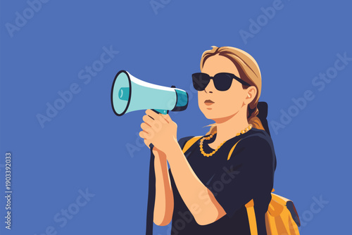 Young woman using a megaphone for communication and announcement.