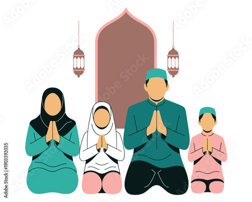 A Muslim family kneeling in prayer together in front of a mosque archway with lanterns