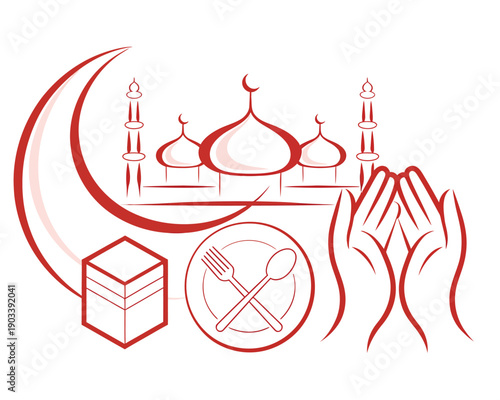 A red illustration of a mosque with a crescent moon, praying hands, and a plate of food for Ramadan.