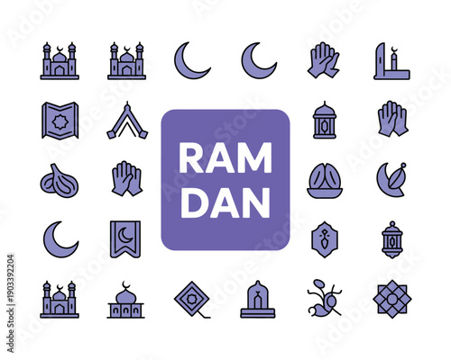 A collection of Ramadan icons and symbols on a white background