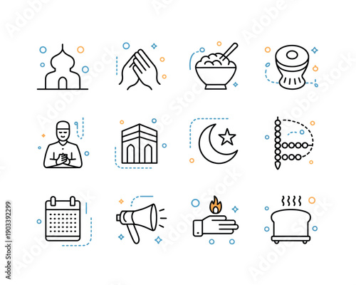 A collection of icons representing Ramadan and Islamic symbols on a white background