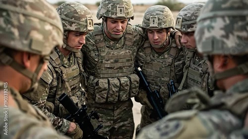 Group of young male soldiers in camouflage uniforms and helmets standing in a circle for a prayer or briefing during military training outdoors