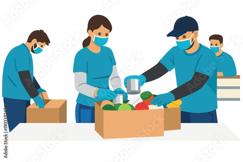 Volunteers packing food supplies for community support.