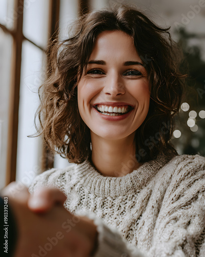 Celebrating joyful moments happy woman smiling indoors lifestyle cozy