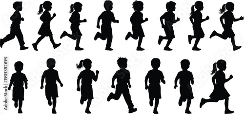 Children running silhouette icon set, fourteen figures in playful motion with varied hairstyles and clothing, black vector illustration, activity and childhood theme, isolated background