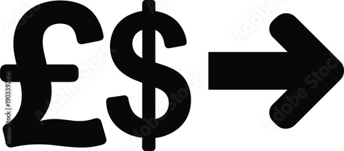 Currency exchange silhouette icon, British pound to US dollar conversion with arrow symbol, black vector illustration, finance and international trade theme, isolated background