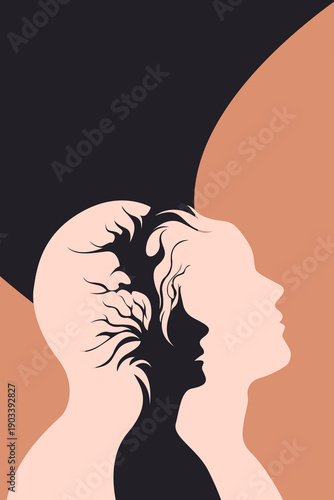 Surreal dual profile silhouettes man woman inner child tree brain, overthinking thoughts memories, minimalist mental health psychology abstract art
