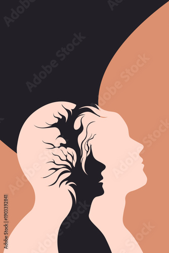 Surreal dual profile silhouettes man woman inner child tree brain, overthinking thoughts memories, minimalist mental health psychology abstract art