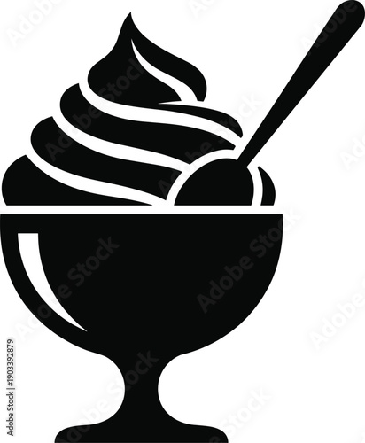 Dessert bowl silhouette icon, pedestal dish with swirled soft serve topping and spoon, black and white vector illustration, food and dining theme, isolated background