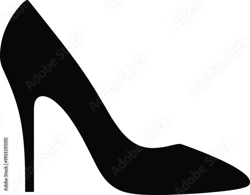 High heel shoe silhouette icon, stiletto with pointed toe and tall narrow heel, black vector illustration, fashion and style theme, isolated on white background