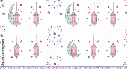 Pastel Ramadan seamless pattern featuring hanging traditional lanterns crescent moons and stars in purple and mint green for Islamic holiday greeting cards.