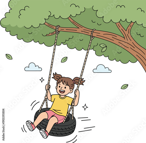 A smiling young girl with brown pigtails swings joyfully on a tire swing hanging from a large tree