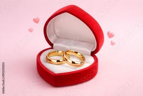 Romantic jewelry concept, gold wedding rings inside an open heart-shaped ring box, rings clearly visible, soft reflections, small floating heart icons, pastel pink background, studio lighting, realist