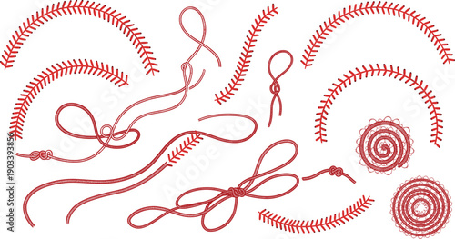 Red Sewing Stitch and Thread Decorative Borders Vector Hand Drawn Embroidery Elements