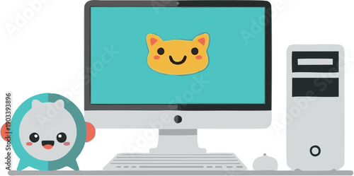 Computer with cartoon cat on screen.