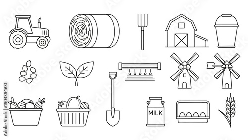 Set of farm equipment and agriculture icons in a clean line art style.