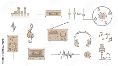Collection of flat design music and audio icons