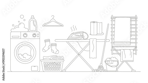 Laundry room with washing machine, iron, and cleaning equipment.