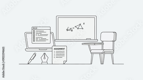 Study desk with laptop, assignment, and math equation