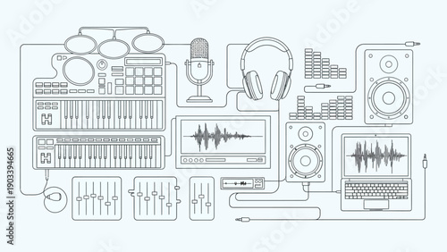 Illustration of a music production studio setup