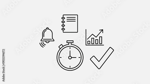 Productivity and time management line icons: notification, checklist, chart, stopwatch, and