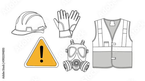Set of personal protective equipment and warning sign for workplace safety.