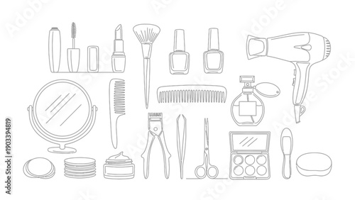 Collection of cosmetic and beauty items arranged in a line.