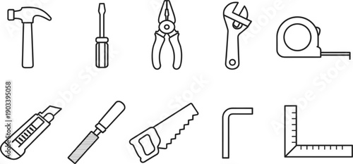 Collection of essential hand tools illustrated in a clean, modern line art style